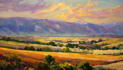 An impressionist style oil painting of English landscape and mountain scenes at sunset