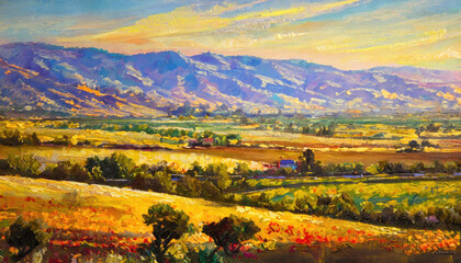 An impressionist style oil painting of English landscape and mountain scenes at sunset - obrazy, fototapety, plakaty