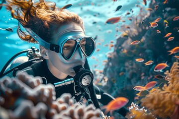 A woman scuba diver swims underwater. admiring the colorful coral reef. generative ai - obrazy, fototapety, plakaty