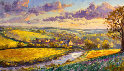 An impressionist style oil painting of English landscape and mountain scenes at sunset - 757992757