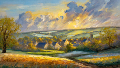 An impressionist style oil painting of English landscape and mountain scenes at sunset - 757992764