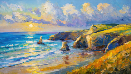 An impressionist style painting of the coastline in Cornwall, England - obrazy, fototapety, plakaty