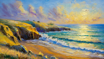 An impressionist style painting of the coastline in Cornwall, England - 757992793