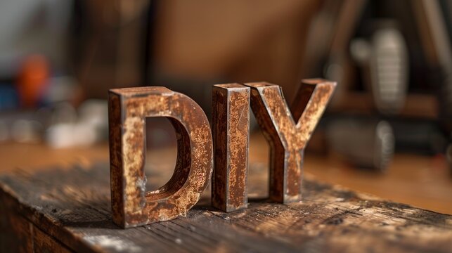 A creative DIY concept showcasing the letters D, I, and Y arranged horizontally, crafted from recycled, rustic wood pieces, symbolizing eco-friendly crafting and upcycling projects.