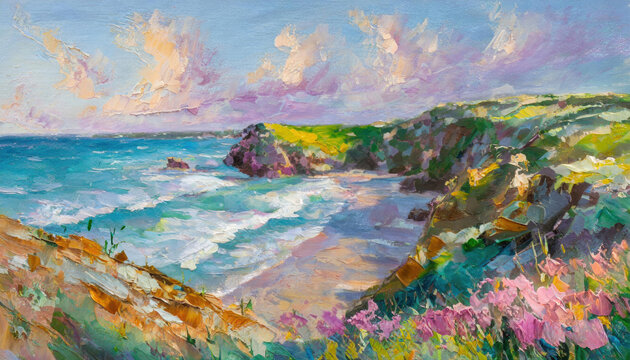 An impressionist style painting of the coastline in Cornwall, England