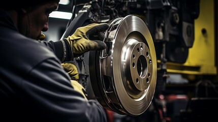 Skilled mechanic replacing brakes on a vehicle as part of regular maintenance service