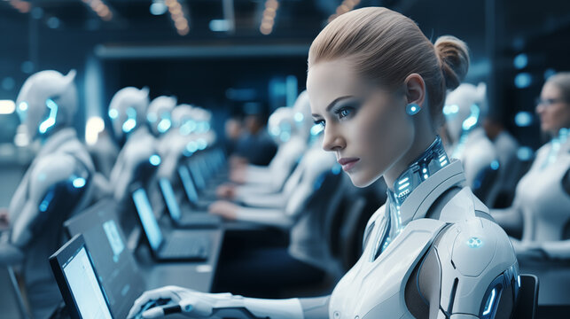 Female humanoid robot using laptop ai generated image background. Cyborg woman in office close up picture wallpaper. Closeup photo backdrop. Robotic assistance in modern business concept photography