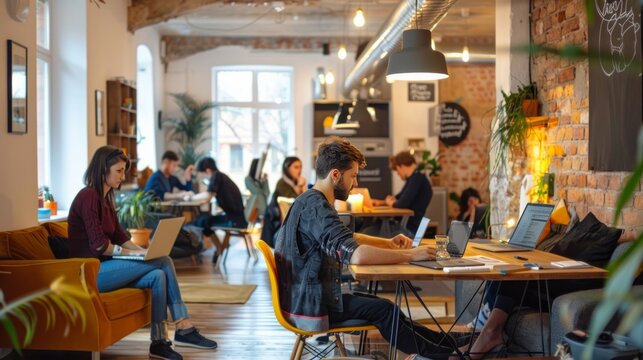 Co-working space with young professionals on laptops, showcasing the freelance lifestyle."