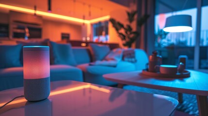 Fototapeta premium Smart home environment with voice assistants, automated lighting, and security for a connected living experience.