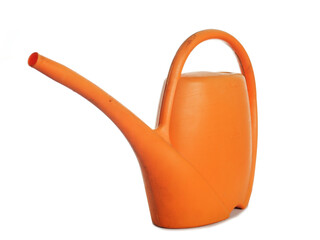 Orange color small size watering can on white isolated background. Simple design. Plastic product for home or garden use. Basic must have tool for growing vegetables and flowers
