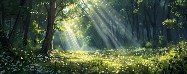 Spring forest bathed in sunlight breaking through foliage.