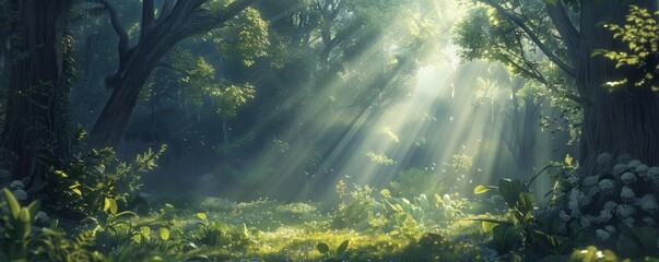 Spring forest bathed in sunlight breaking through foliage.