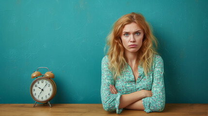 free space on the left corner for title banner with a photo of an entrepreneur beautiful woman she is tired, distracted, bored, procrastinating and their is a desk clock next to her