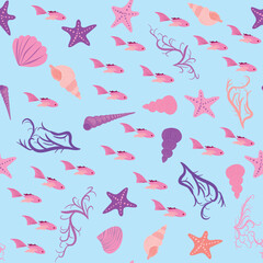 Seamless pattern with starfish, corals, pearls and seashells. Vector background with marine theme.
