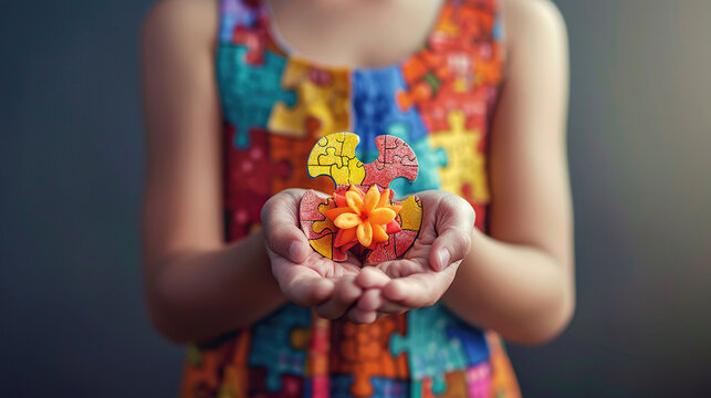 World autism awareness day card or banner, autistic kid holding colorful flower made of puzzle in hands,  the concept of autism spectrum disorder in teens