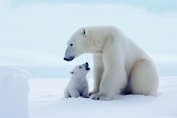 a polar bear and its cub on a snowy landscape, the cub looking up at the adult bear - obrazy, fototapety, plakaty