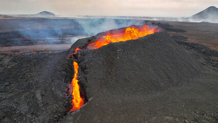Fagradalsfjall, Hot lava and magma coming out of the crater, on the Reykjanes Peninsula, Iceland,...