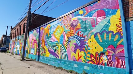 A vibrant mural on an urban wall, celebrating street art and community expression in a colorful city neighborhood