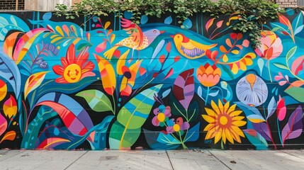 A vibrant mural on an urban wall, celebrating street art and community expression in a colorful...