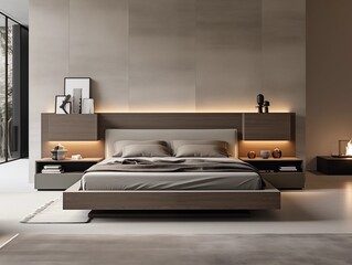  modern bedroom that serves as a sanctuary of calm and minimalist luxury. This space is designed with a refined aesthetic, featuring a monochromatic color scheme with subtle textures and sophisticated