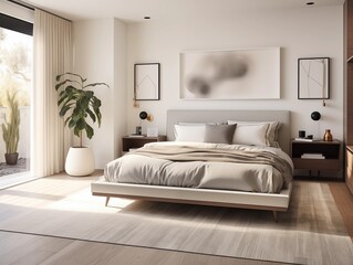  modern bedroom that serves as a sanctuary of calm and minimalist luxury. This space is designed with a refined aesthetic, featuring a monochromatic color scheme with subtle textures and sophisticated
