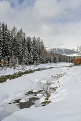 Pontresina, Berninabach, Berninapass, Val Bernina, Winter, Wintersport, Wanderweg, Langlauf, Langlaufloipe, Oberengadin, Graubünden, Schneedecke, Winterlandschaft, Alpen, Schweiz