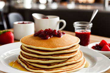 A stack of pancakes with strawberry jam on a white plate on a table in a cafe