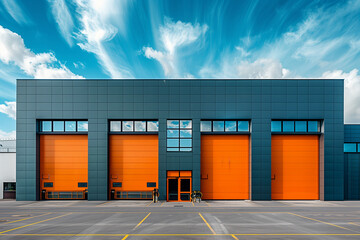 Obraz premium exterior of a commercial warehouse with roller doors, logistics center (1)