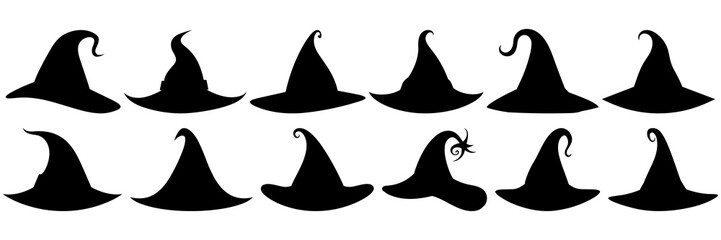 Witch hat silhouettes set, large pack of vector silhouette design, isolated white background