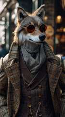 Sophisticated wolf prowls urban streets in tailored splendor, epitomizing street style. The realistic cityscape forms a backdrop, capturing the wild grace merged with contemporary fashion allure in a 