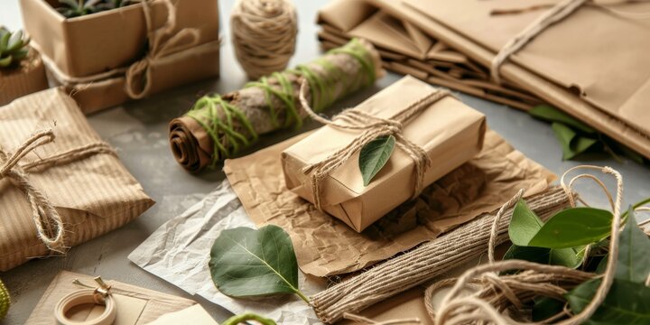 A bunch of brown paper with green leaves and strings tied to them