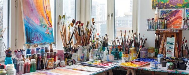 Bright artist studio with paints, brushes, canvases.