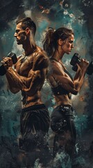 Obraz premium Man and woman lifting weights, dark backdrop.