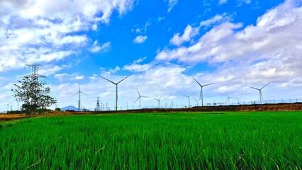 Landscape of wind turbine on green fields