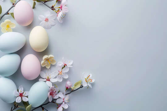 top view colorful easter eggs and spring flowers on grey background with copy space