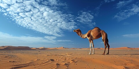 In the desert, a camel wanders through the sand dunes under the scorching sun.