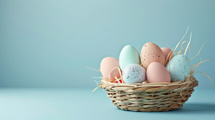 Naklejka na ściany i meble easter eggs in basket on pastel blue background