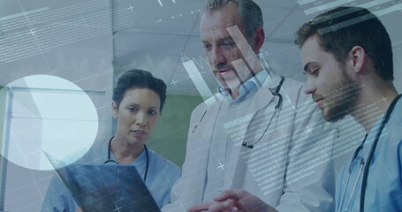 Image of infographic interface over diverse doctors discussing patient x-ray in hospital