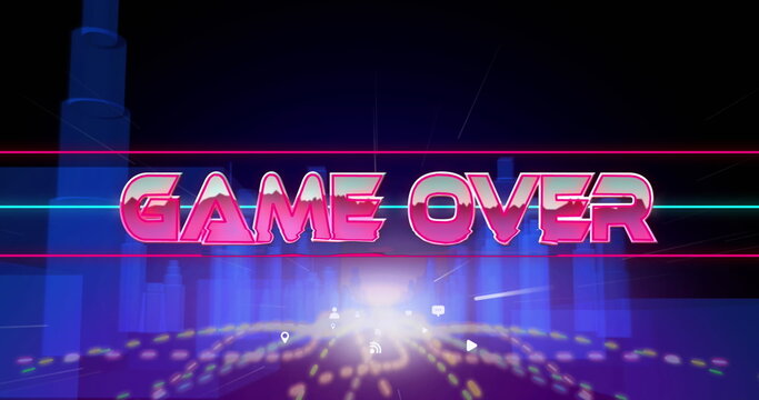 Image of game over text over icons and digital city on black background