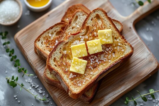 A delicious breakfast of French toast with melted butter and sweet honey.