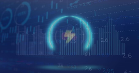 Image of thunder icon in circle over multiple graphs and trading board on abstract background