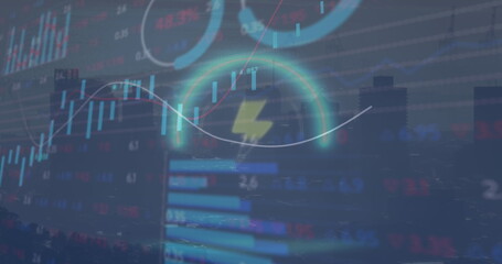 Obraz premium Image of thunder icon in circles and multiple graphs and loading circles over modern city