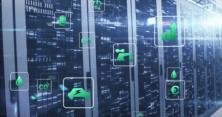 Image of multiple icons over bars and lens flares over server room