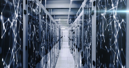Image of multiple icons over connected dots on data server racks in server room