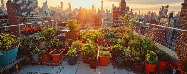 Sunset rooftop garden in the city, with sustainable vegetable and plant containers.