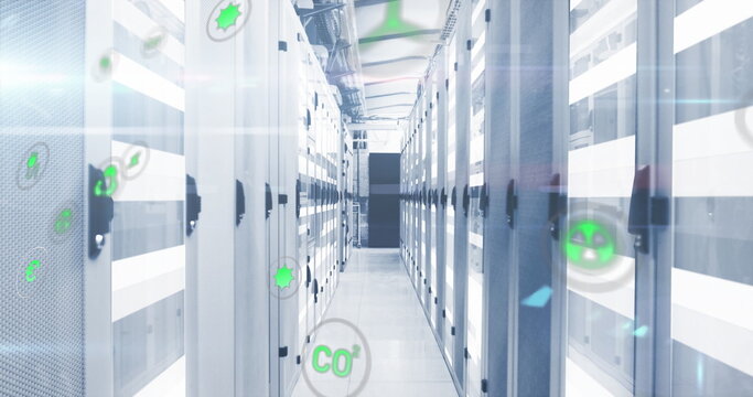 Image of icon in circles over moving bars on data server systems in server room - Powered by Adobe