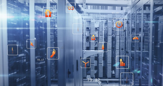 Image of multiple icons and lens flares over bars on data server systems in server room - Powered by Adobe