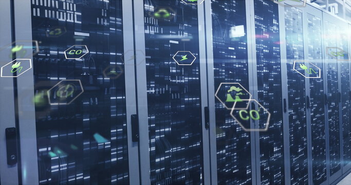 Image of multiple icons with lens flares over bars on data server racks in server room - Powered by Adobe
