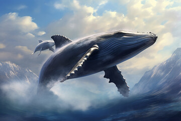 a whale jumping out of the water - obrazy, fototapety, plakaty