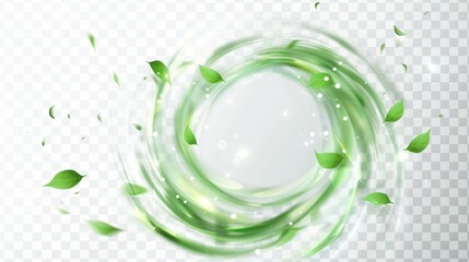 Flying mint leaves and abstract wind swirls isolated on transparent background. Modern realistic illustration of air vortex and wave.